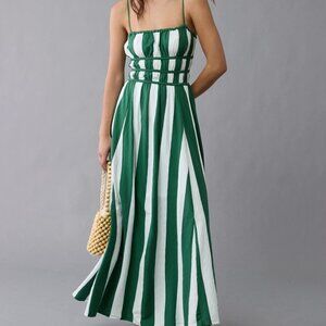 NWT. Small. American Eagle Green Striped Smocked Bodice Knit Maxi Dress.